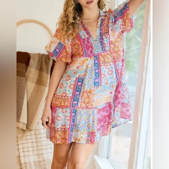 Umgee Boho Mixed Floral Patchwork Babydoll Mini Dress XL - Picture 6 of 14